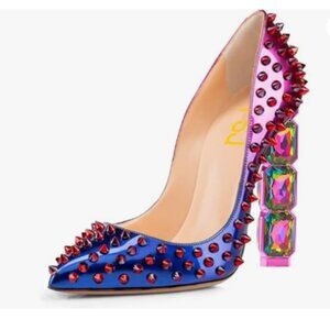 FSJ Blue/Purple Jeweled High Heel Pointed Toe Slip On Sparkling Crystal Pump